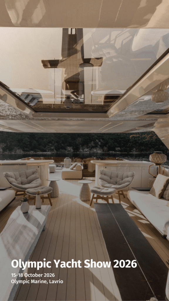 AVAX yacht lounge overlooking the sea at the Olympic Yacht Show 2026